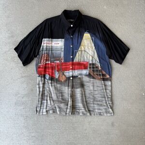 Vintage Tori Richard Hawaiian Shirt XL Black Red Blues Car Scene Aloha Made USA